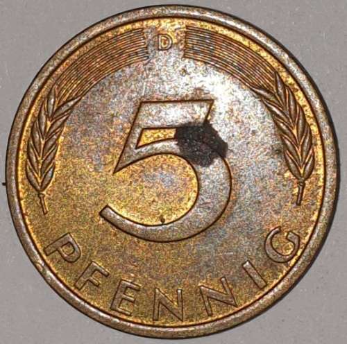 1974 D - 5 PFENNIG - FIVE PFENNIG - GERMANY - FEDERAL REPUBLIC - (Brass Clad Steel)